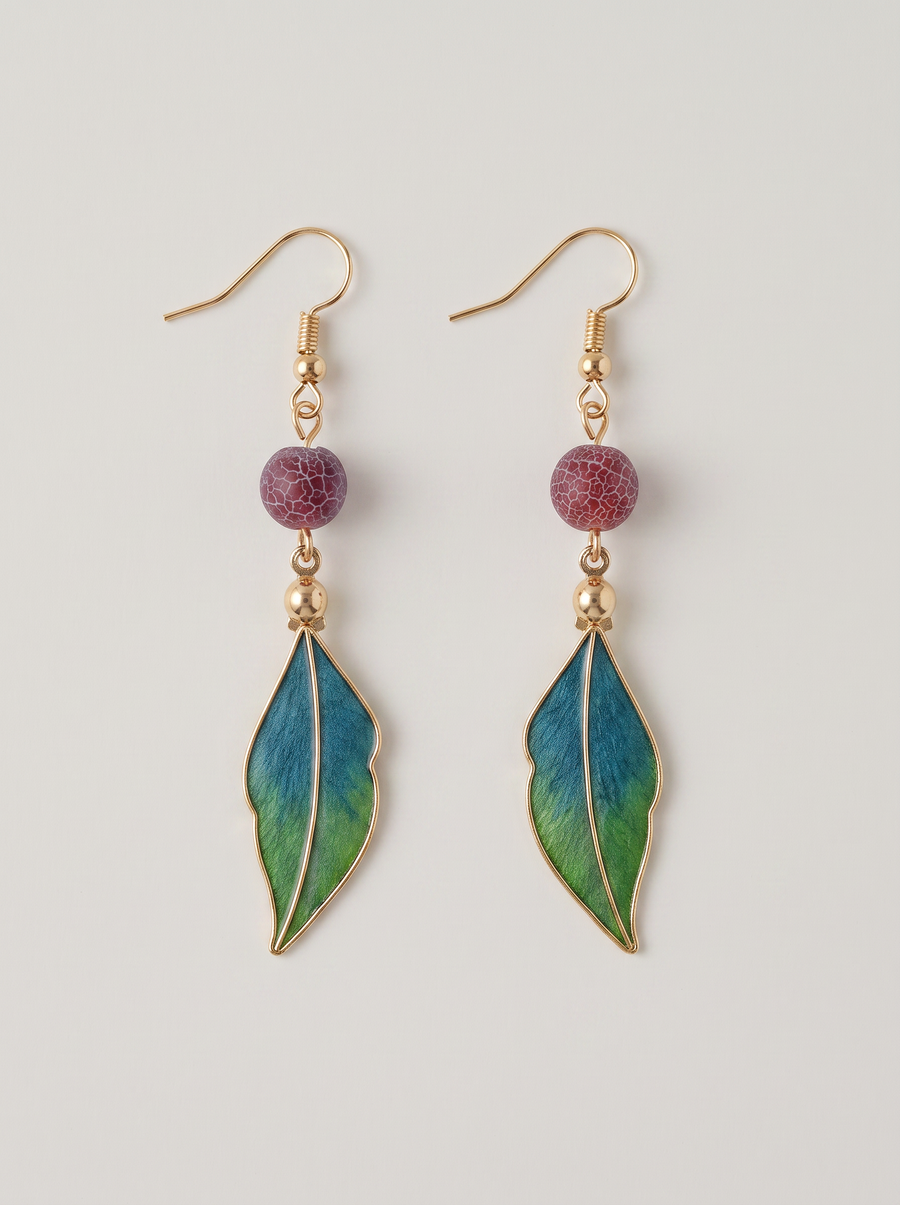 Silk Velvet Leaf Earrings — Handmade Ronghua with Weathered Agate