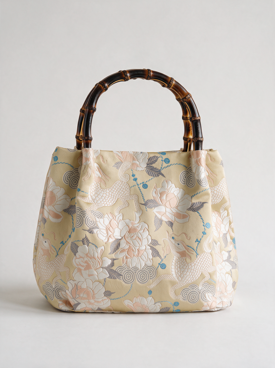 Silk Brocade Bamboo-Handle Bag — Qilin & Peony Motif