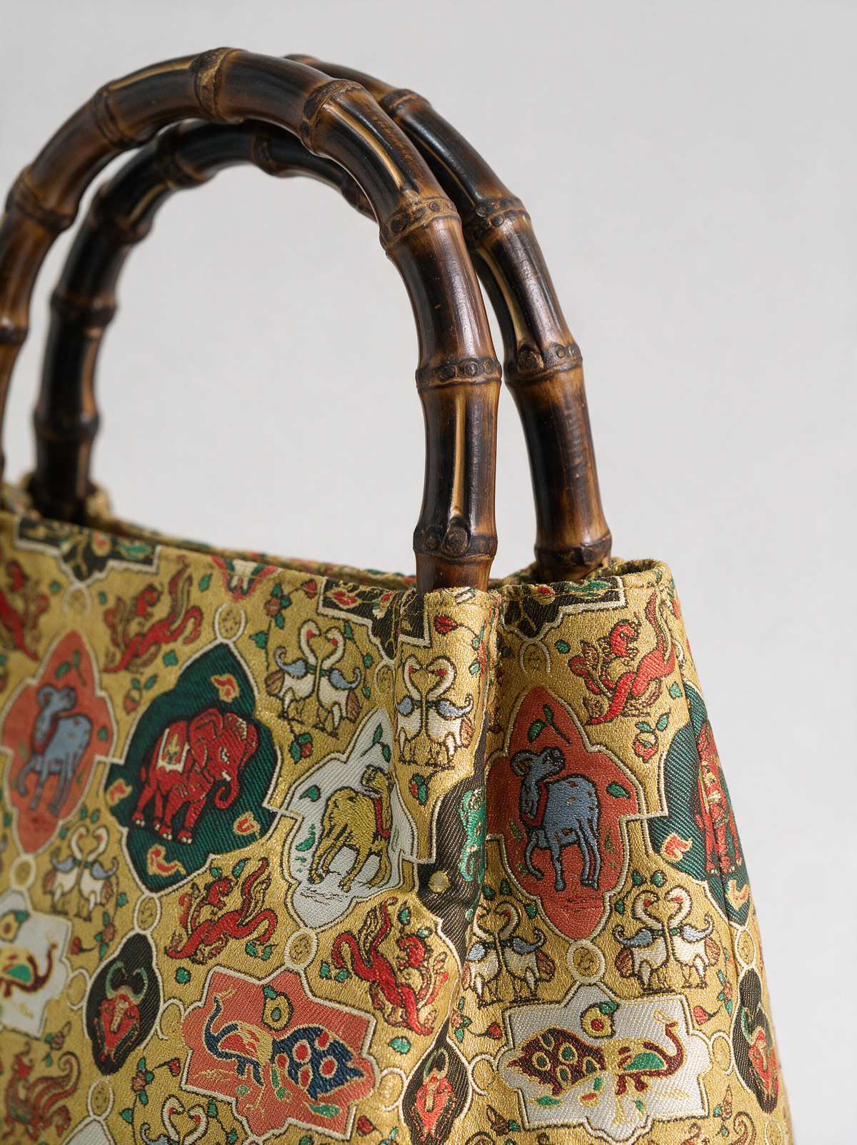 Tang Brocade Bamboo-Handle Bag — Auspicious Beasts Motif