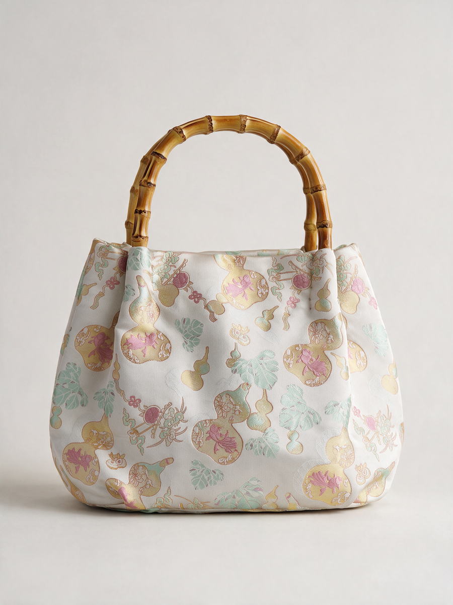 Silk Brocade Bamboo-Handle Bag — Gourd (Fu-Lu) Motif