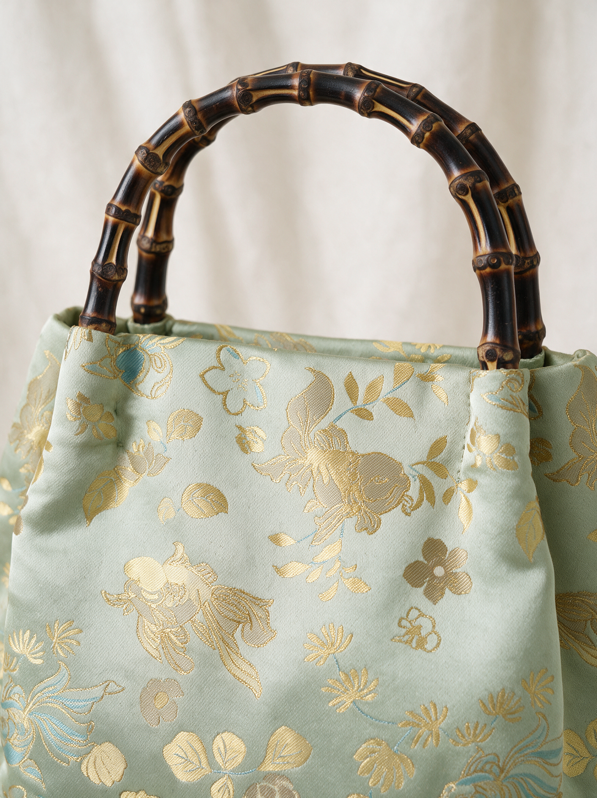 Silk Brocade Bamboo-Handle Bag — Goldfish & Seagrass Motif