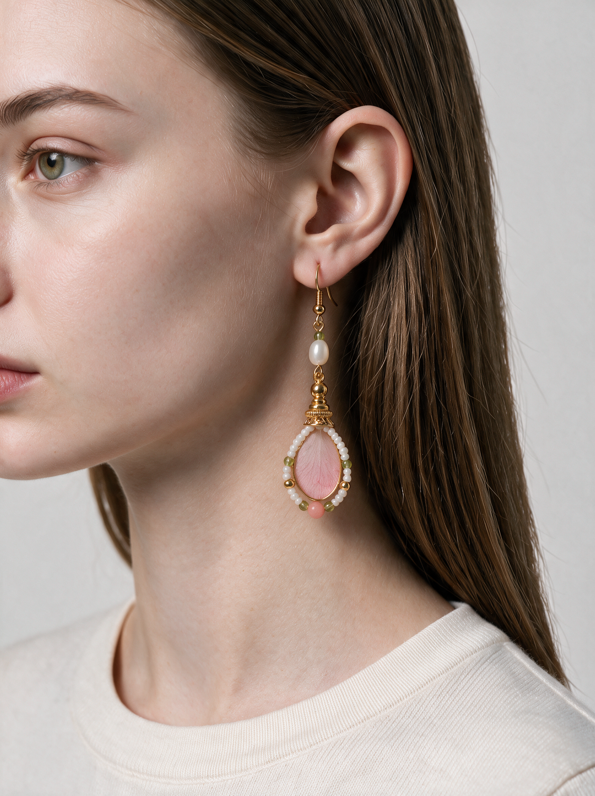 Pink Velvet Flower & Pearl Drop Earrings — Handmade Ronghua
