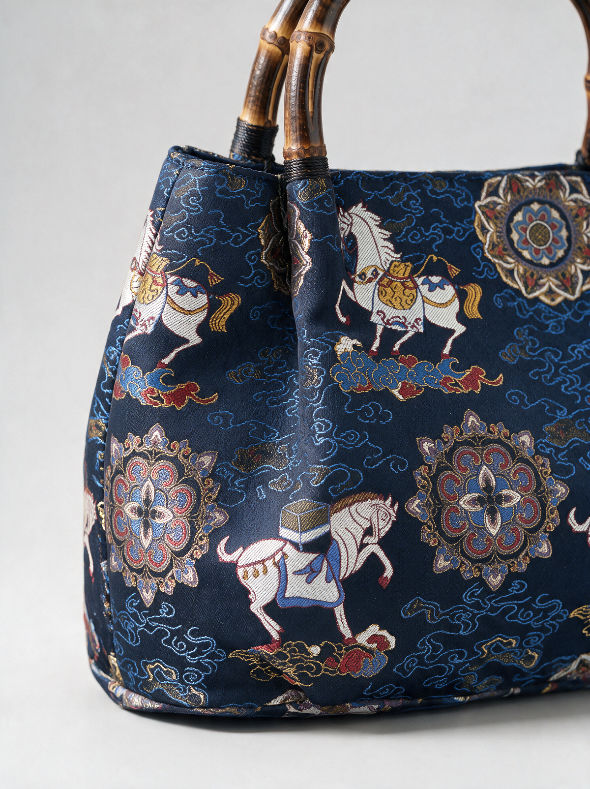 Silk Brocade Bamboo-Handle Bag — Auspicious Horses Motif