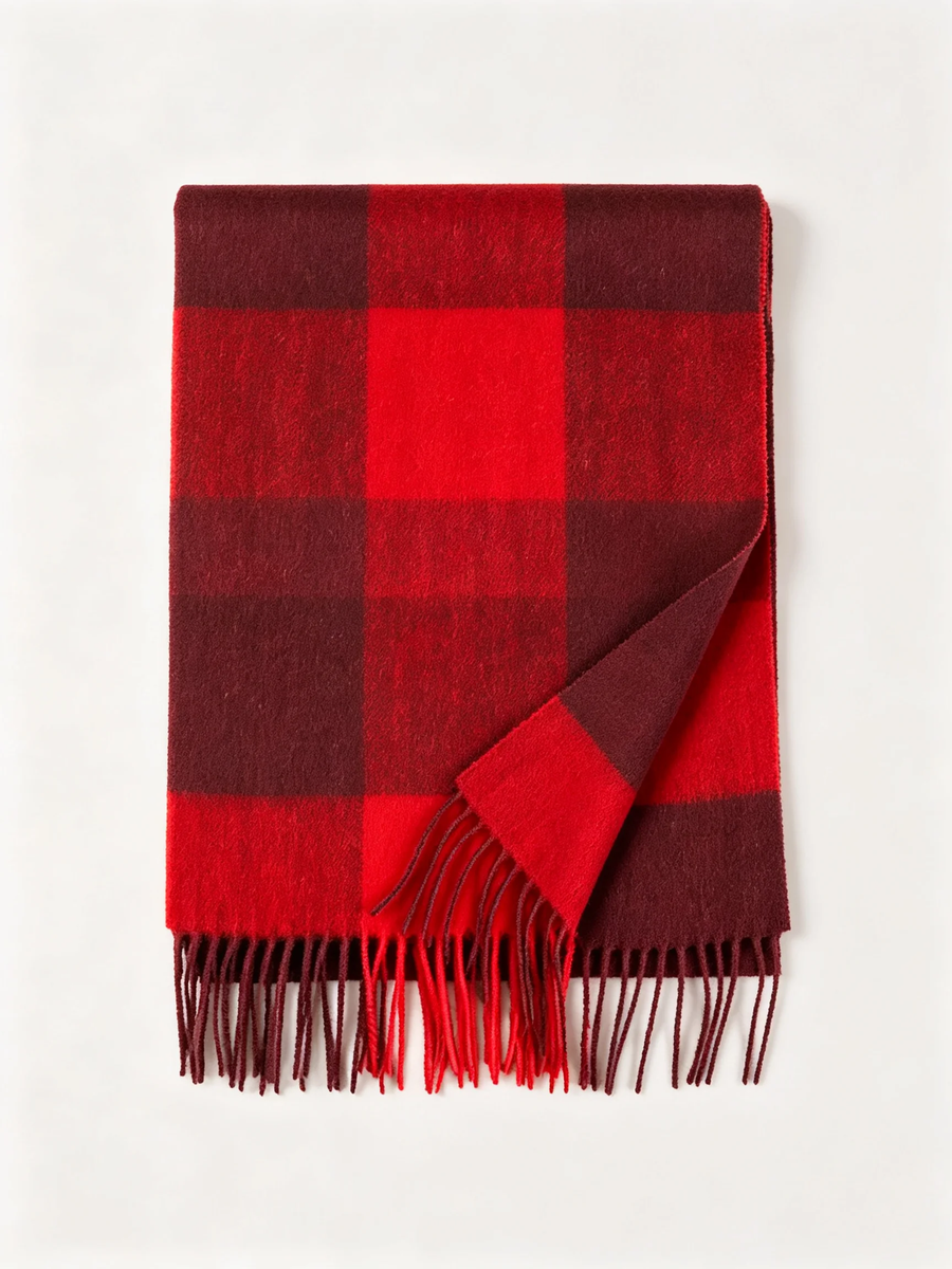 100% Wool Deep Red Check Scarf