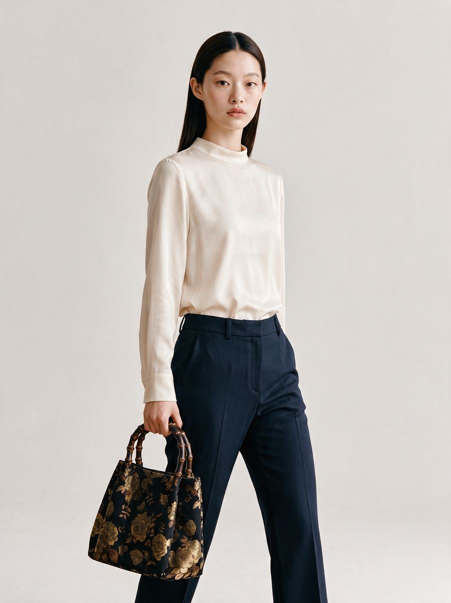 Silk Brocade Bamboo-Handle Bag — Gold Peony & Butterfly Motif