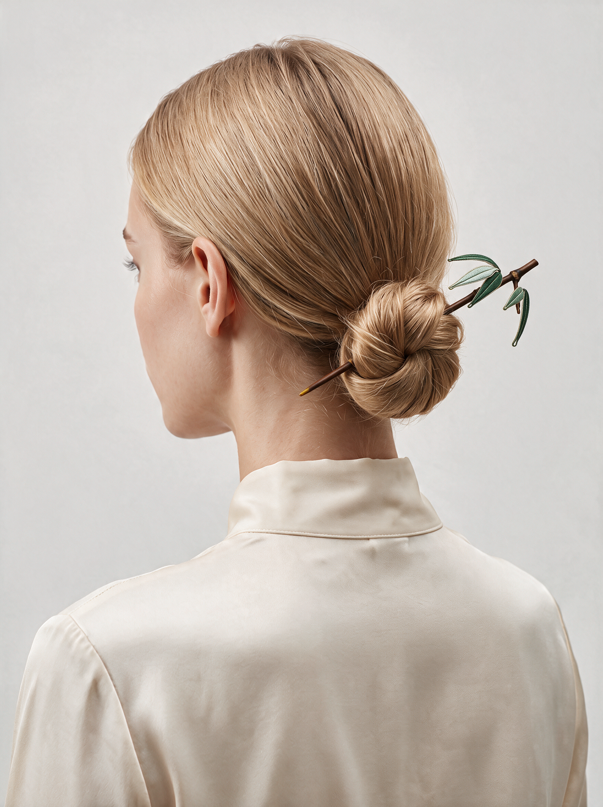 Wrapped-Silk Bamboo-Leaf Hairpin — Natural Bamboo Stick
