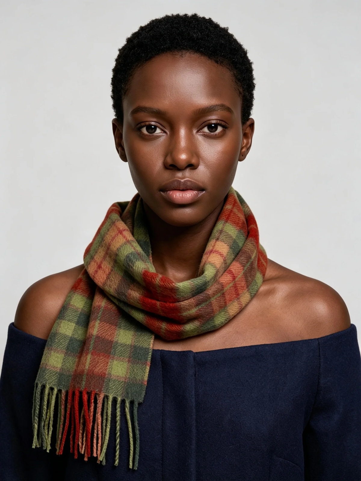 100% Wool Olive Red Check Scarf