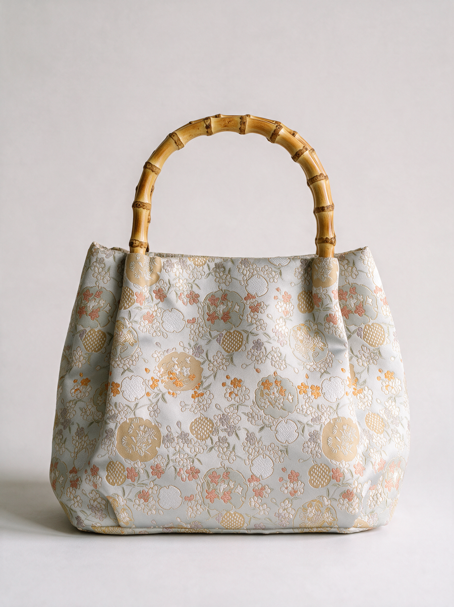 Silk Brocade Bamboo-Handle Bag — Starry Floral Motif