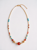 Red Agate & Turquoise Beaded Necklace — Layered Choker