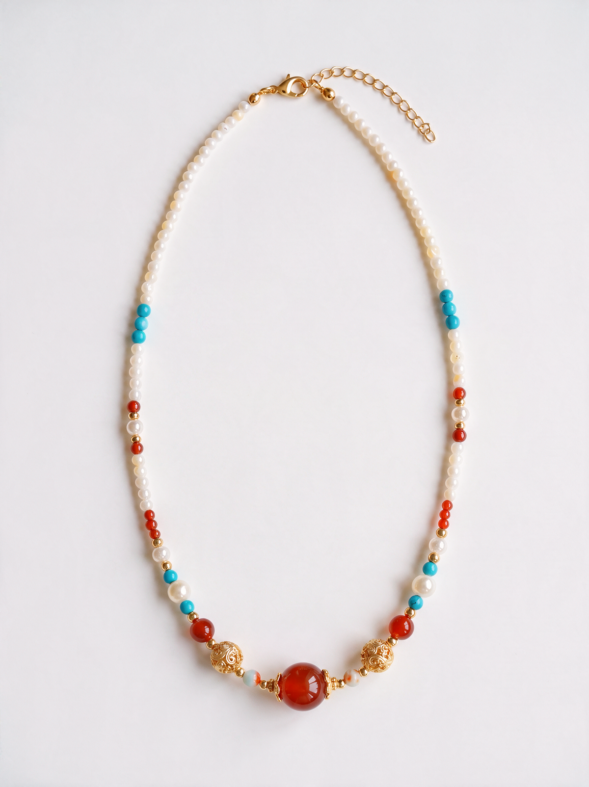 Red Agate & Turquoise Beaded Necklace — Layered Choker