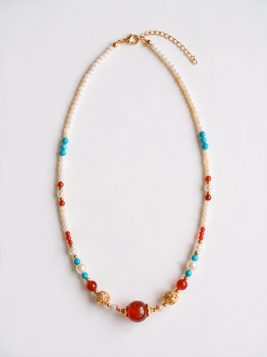 Red Agate & Turquoise Beaded Necklace — Layered Choker