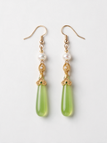 Grape Agate & Pearl Long Drop Earrings — Spring Green