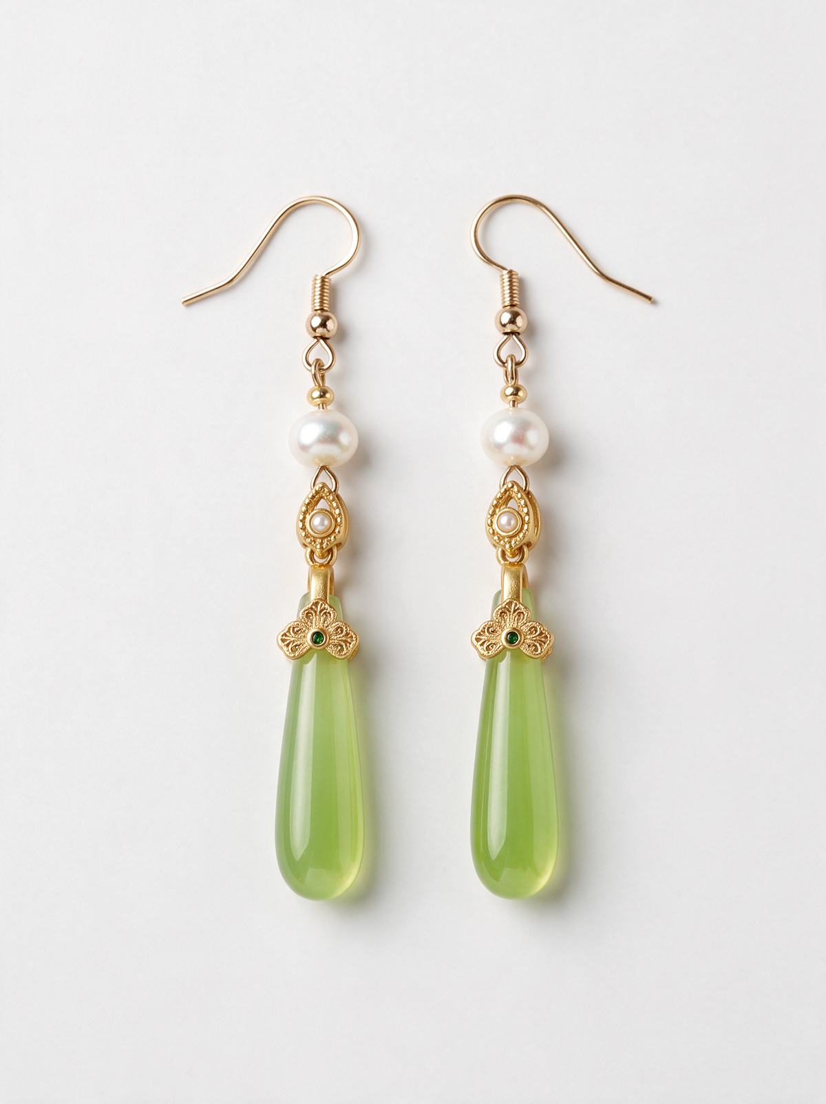 Grape Agate & Pearl Long Drop Earrings — Spring Green