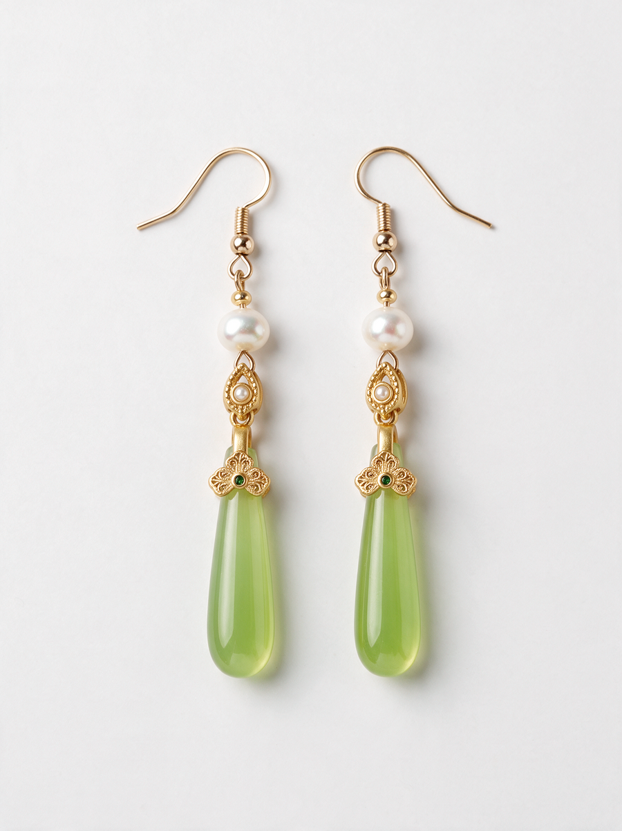 Grape Agate & Pearl Long Drop Earrings — Spring Green