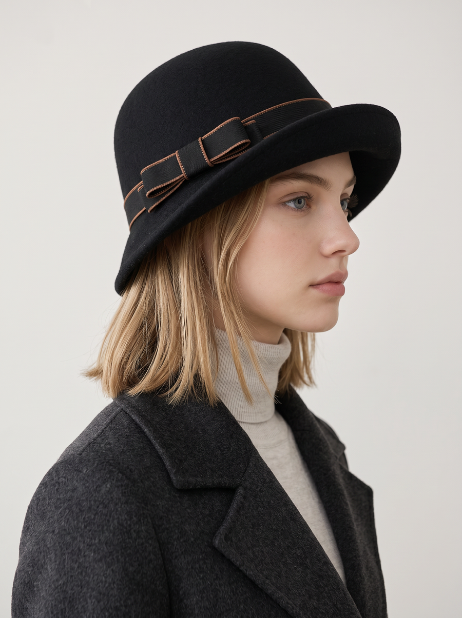 Two-Tone Bow Wool Bucket Hat