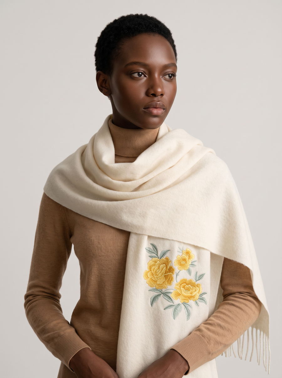 100% Wool Floral Embroidered Scarf