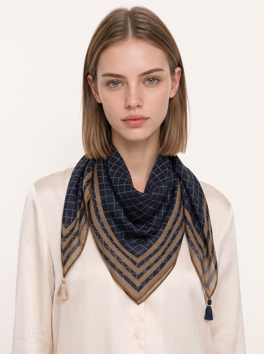 Checked Border Tassel Square Scarf