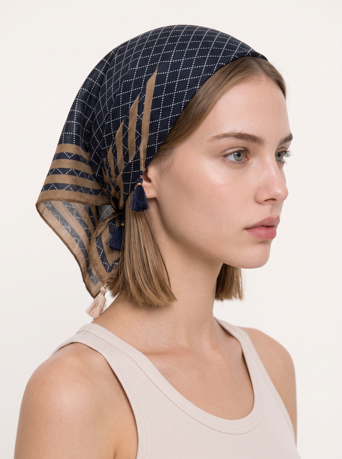 Checked Border Tassel Square Scarf
