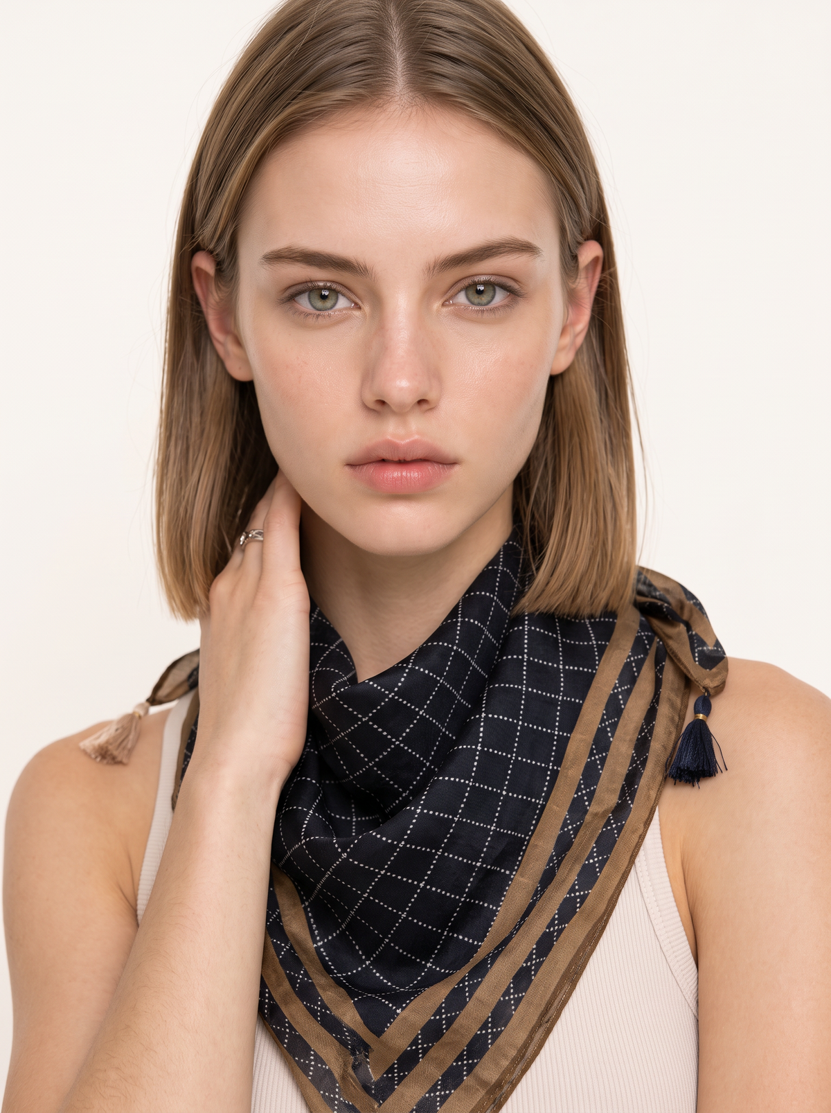 Checked Border Tassel Square Scarf
