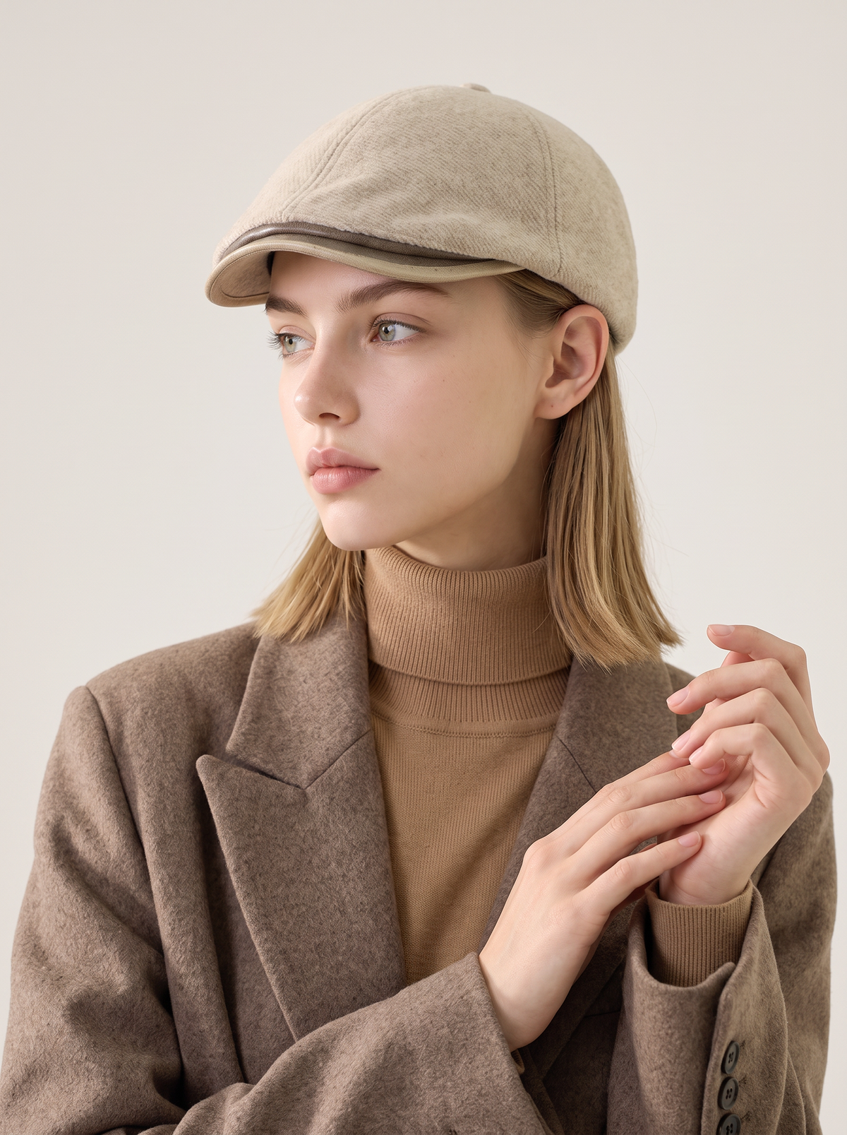 Herringbone Wool-Blend Newsboy Cap