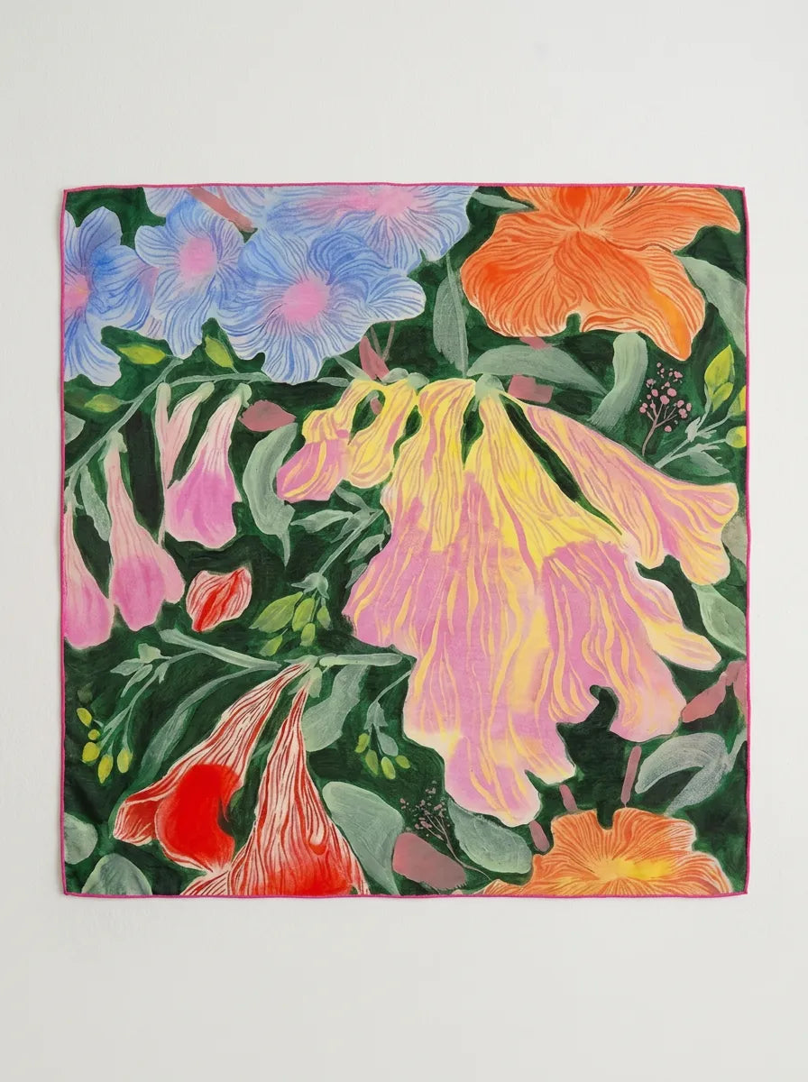 "Summer Nightfall" Floral 100% Mulberry Silk Scarf
