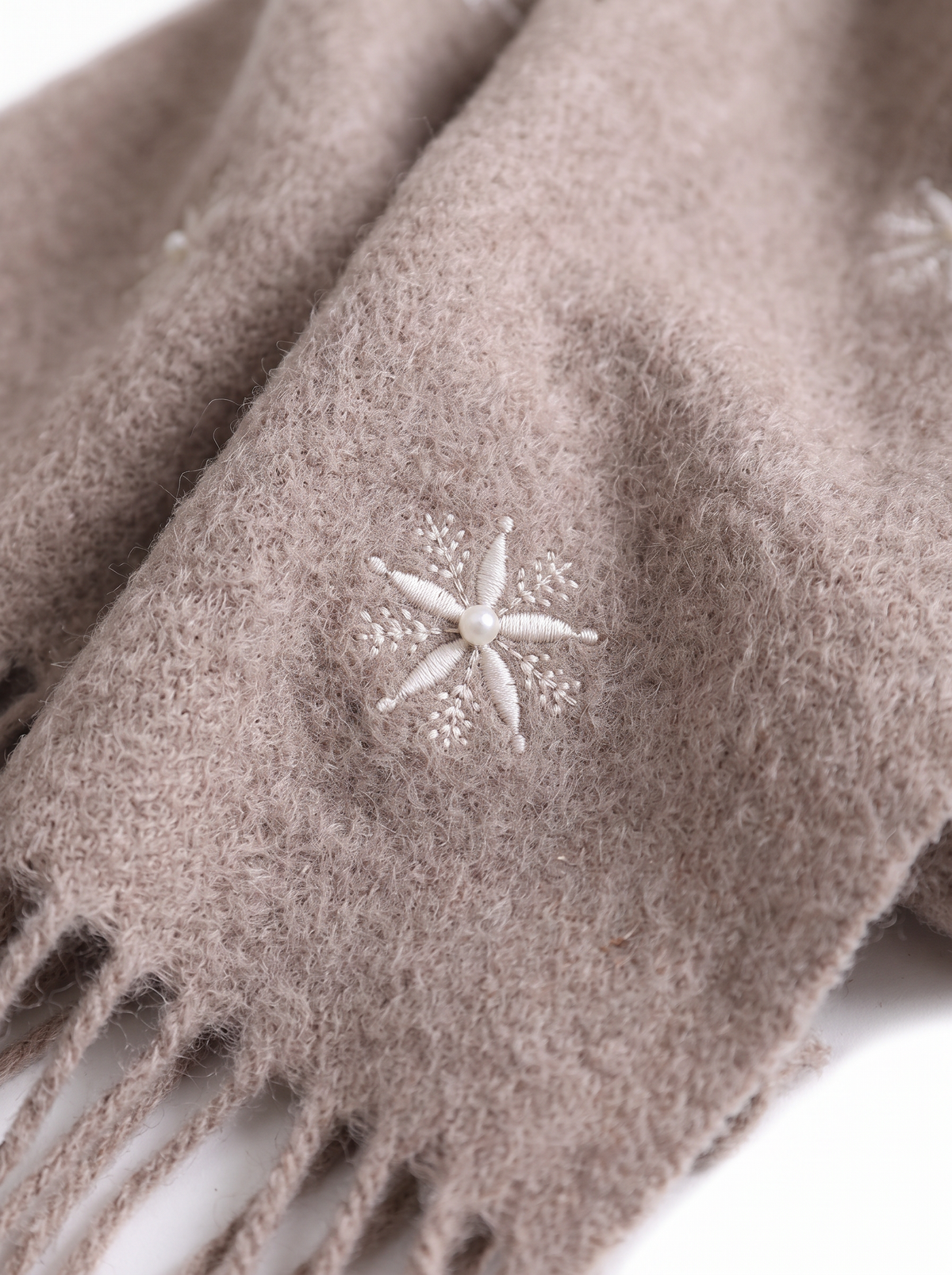 "Winter Pearl" Embroidered Snowflake Wool Wrap