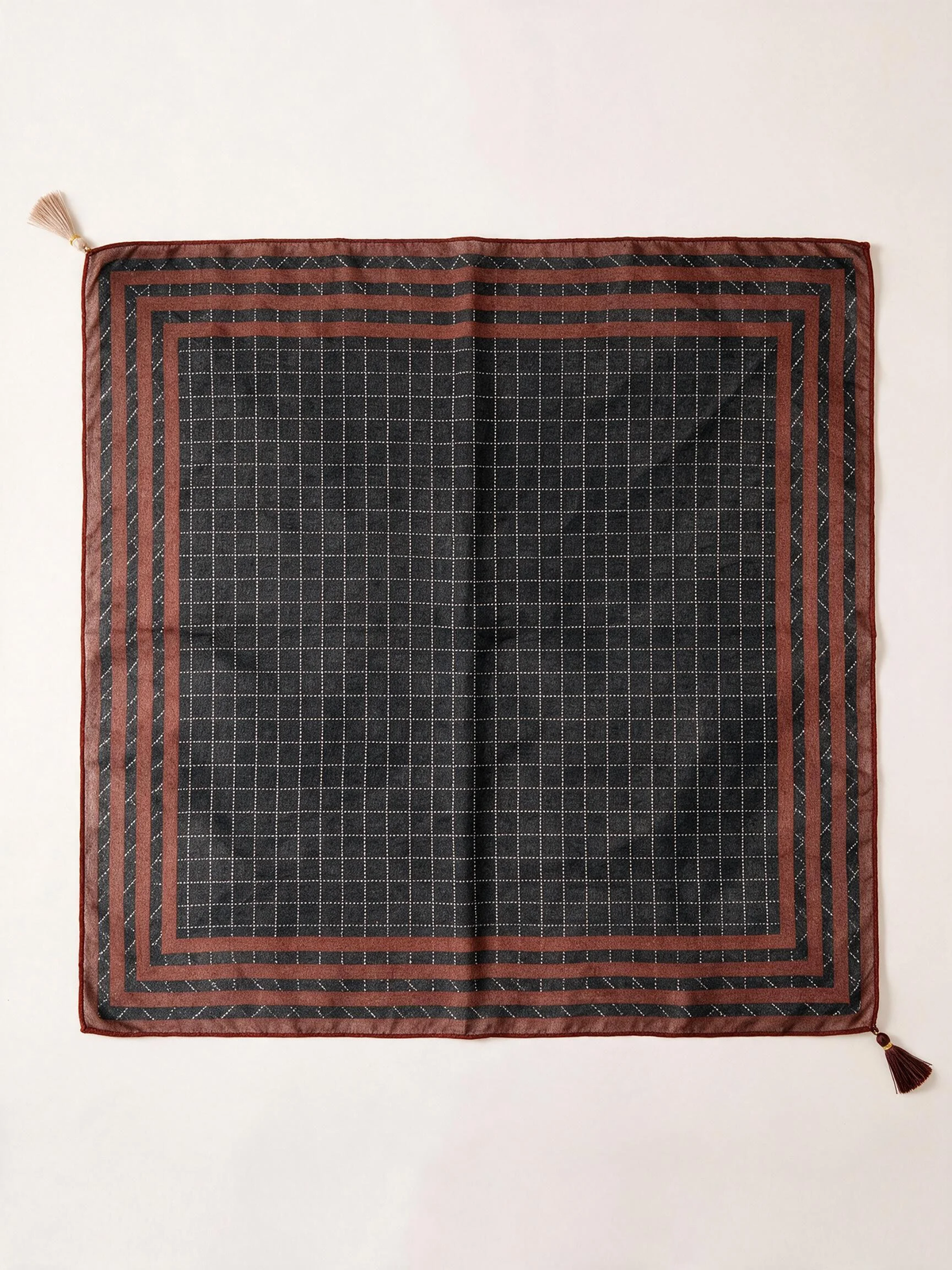 Checked Border Tassel Square Scarf