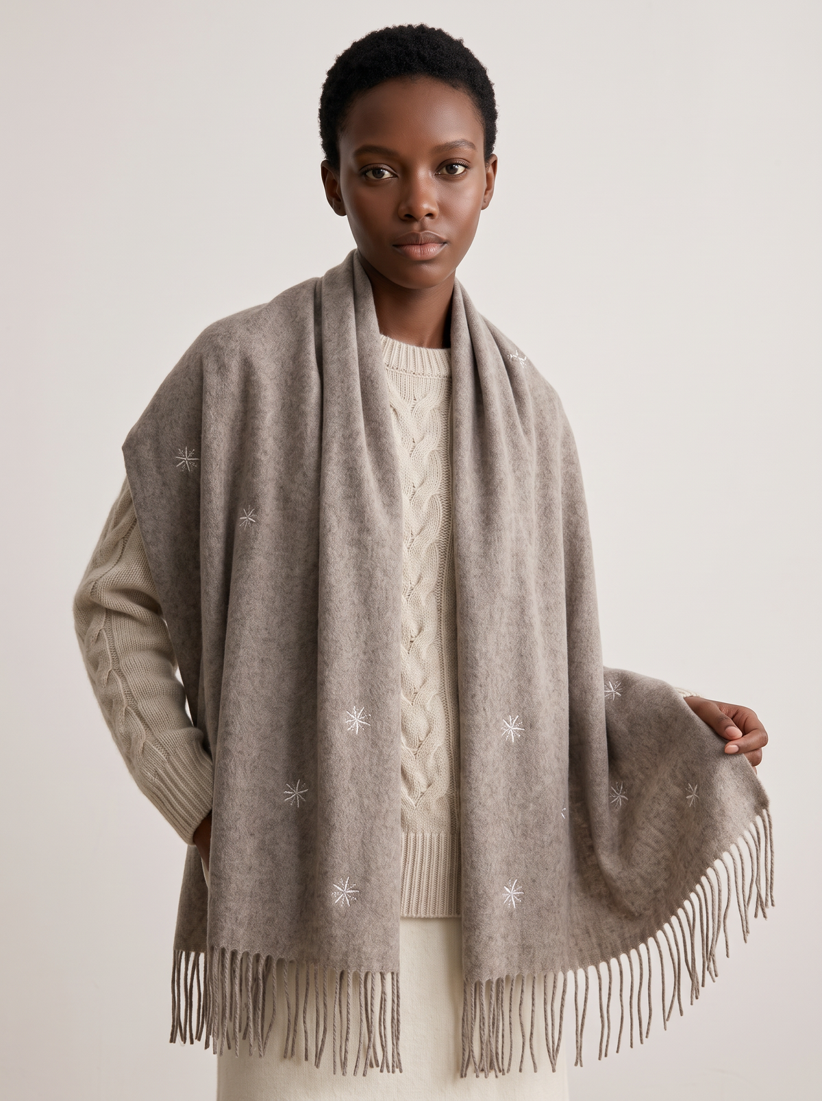 "Winter Pearl" Embroidered Snowflake Wool Wrap
