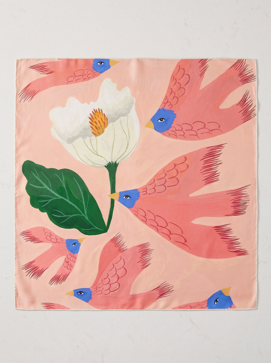 "Pink Flutter" Floral Bird 100% Mulberry Silk Scarf