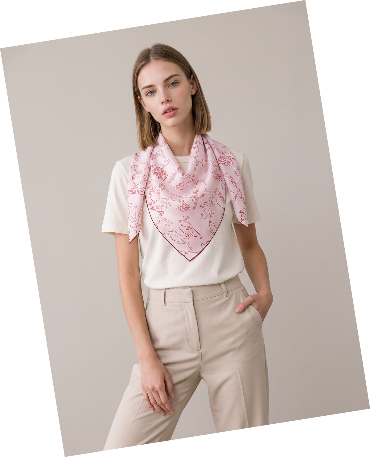 "Pink Woodland" Line-Art 100% Mulberry Silk Scarf