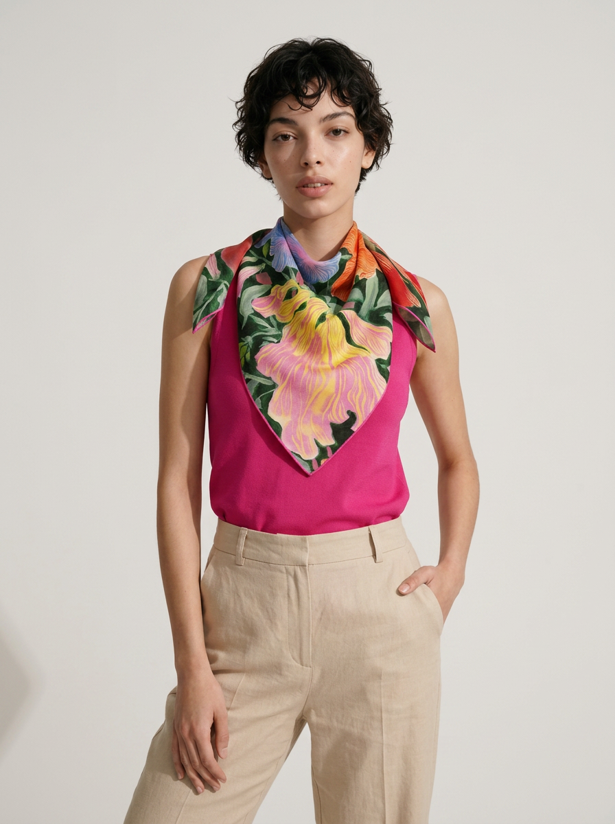 "Summer Nightfall" Floral 100% Mulberry Silk Scarf