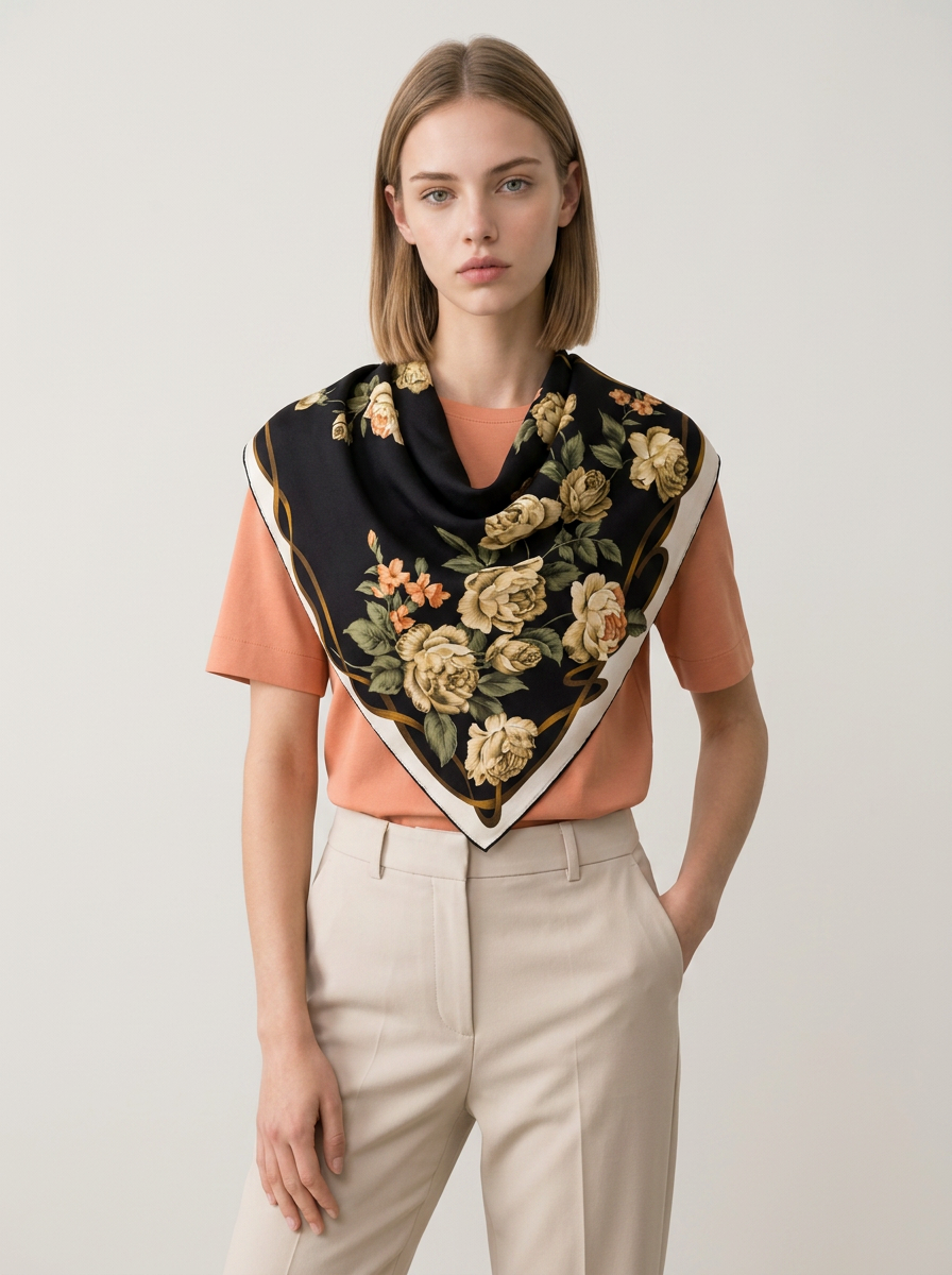 "Baroque Bloom" Rose 100% Mulberry Silk Scarf