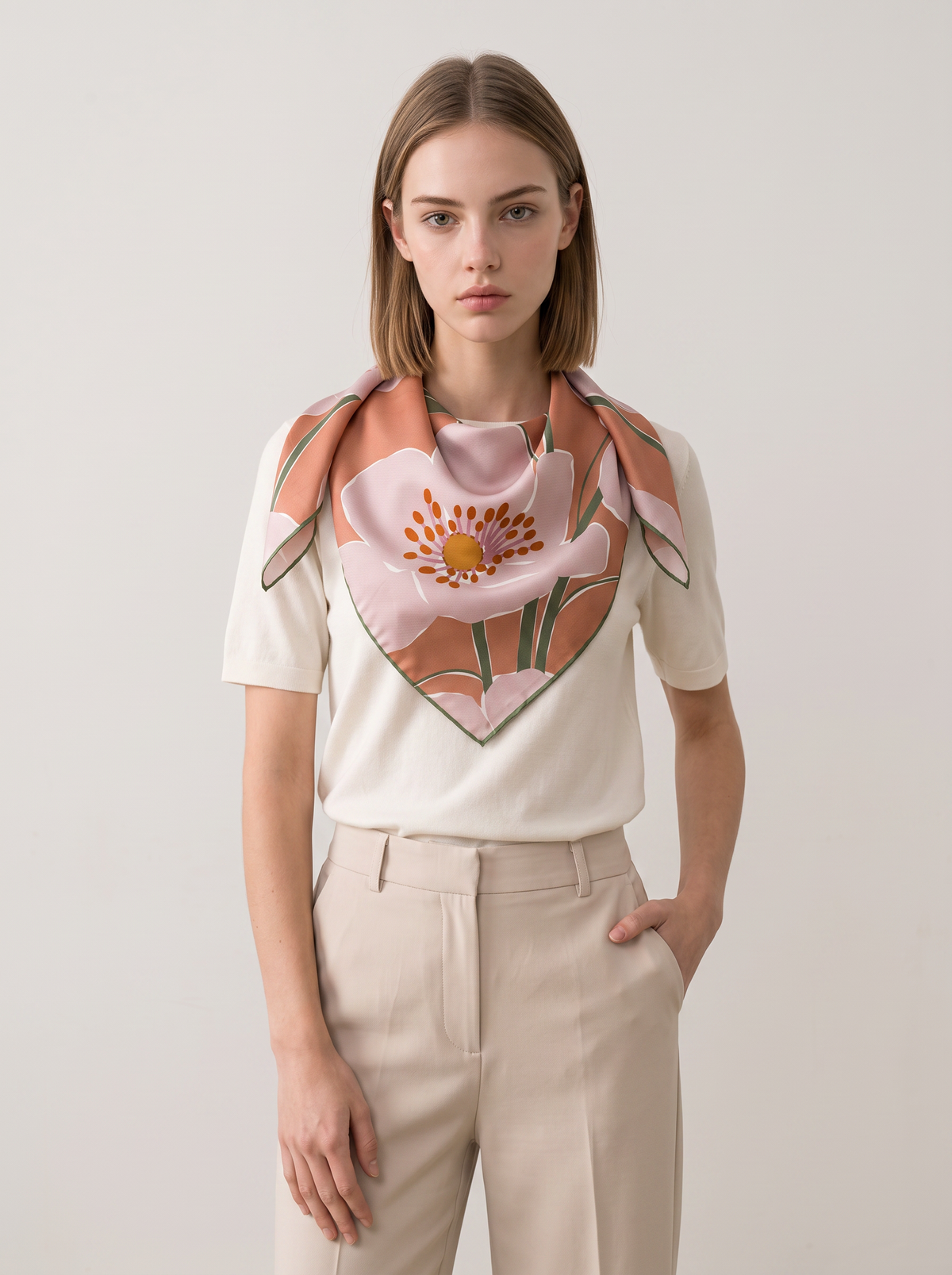 "Muted Apricot" Floral 100% Mulberry Silk Scarf