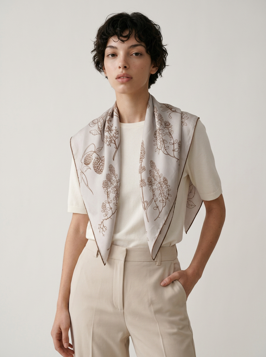 "Quiet Blossom" Floral 100% Mulberry Silk Scarf