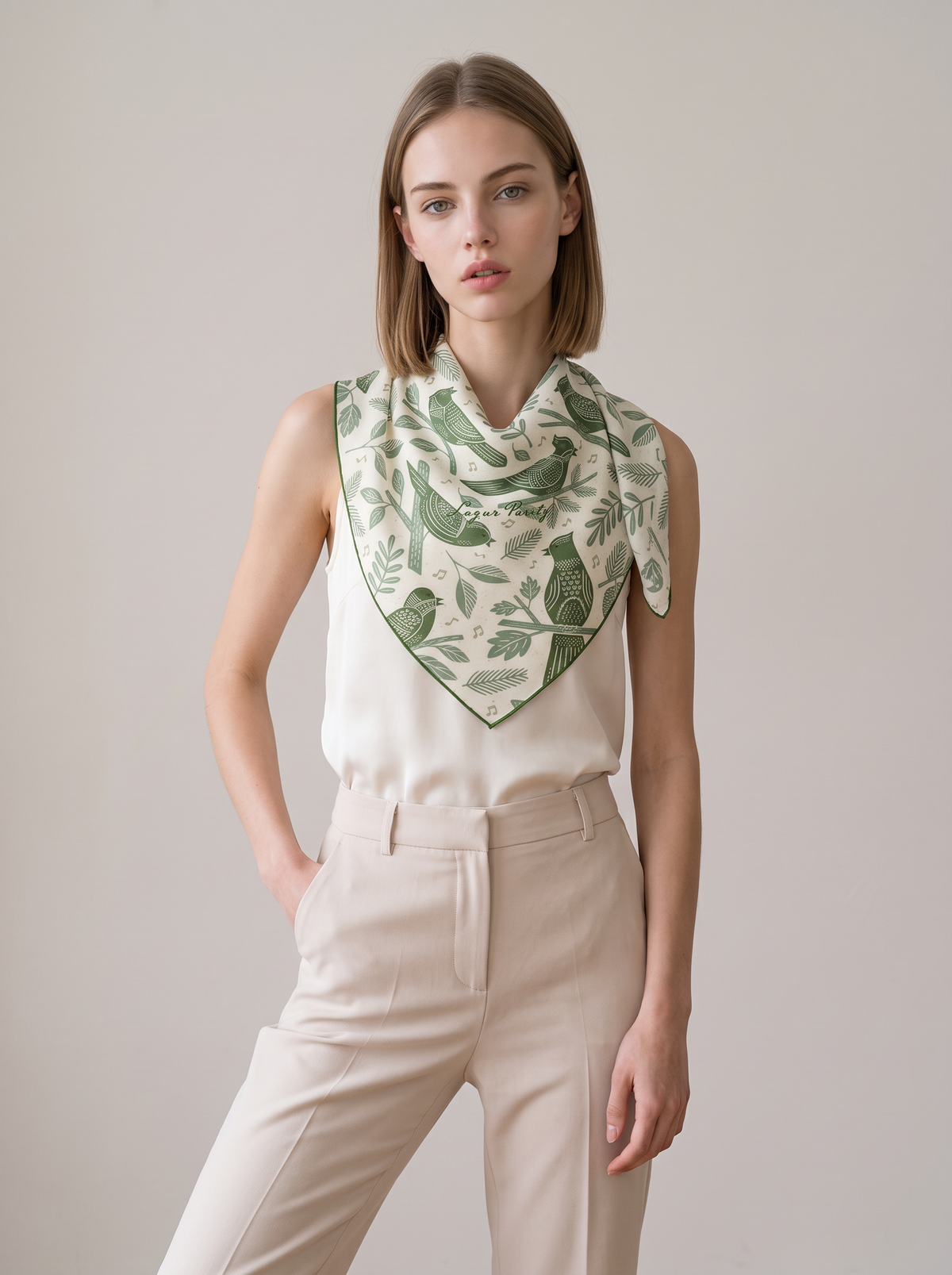 "Botanical Garden" Bird 100% Mulberry Silk Scarf