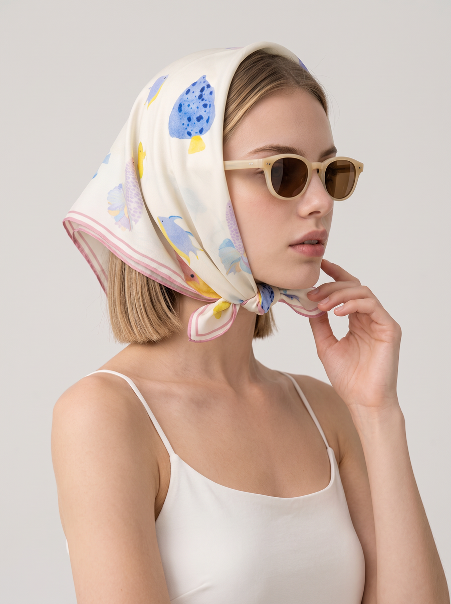 "Dreamy Seabed" Ocean 100% Mulberry Silk Scarf