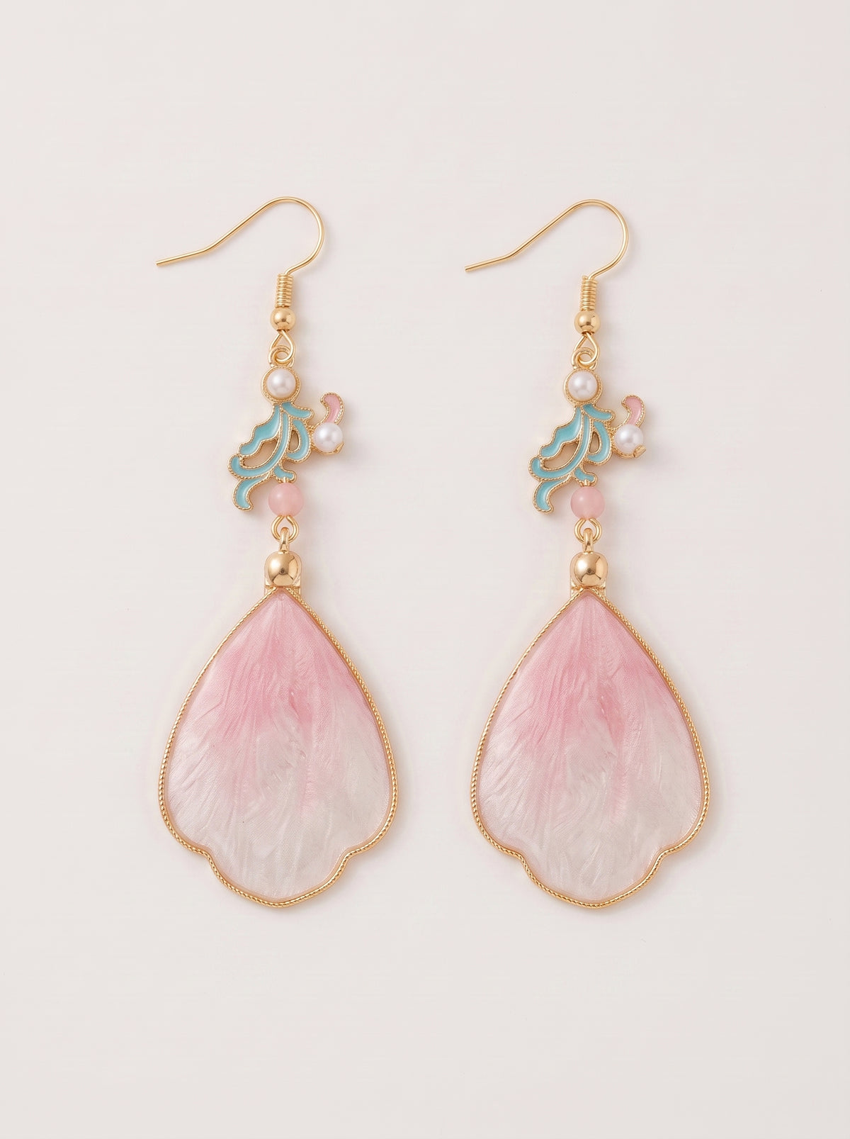Velvet Petal Drop Earrings — Pink & Cloisonné Blue-Green