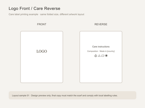 Care label print layout: brand front, care and content reverse