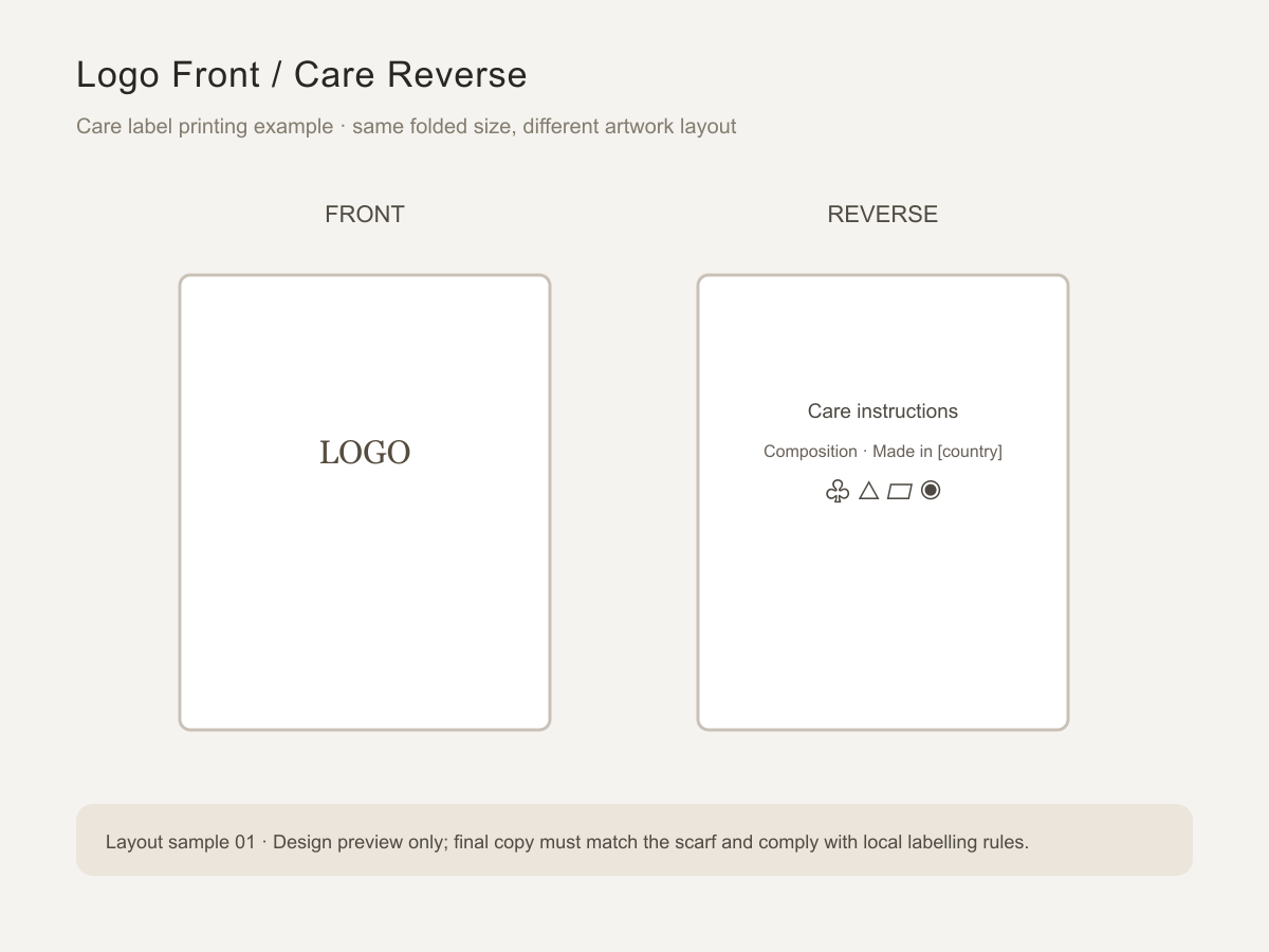 Print layout: brand name front, care and content reverse.