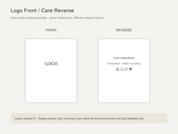 Print layout: brand name front, care and content reverse.