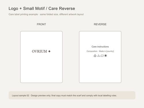 Care label print layout: logo and small motif front, care reverse