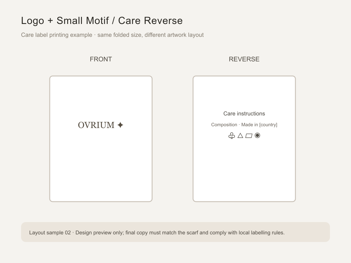 Print layout: logo and small motif front, care reverse.