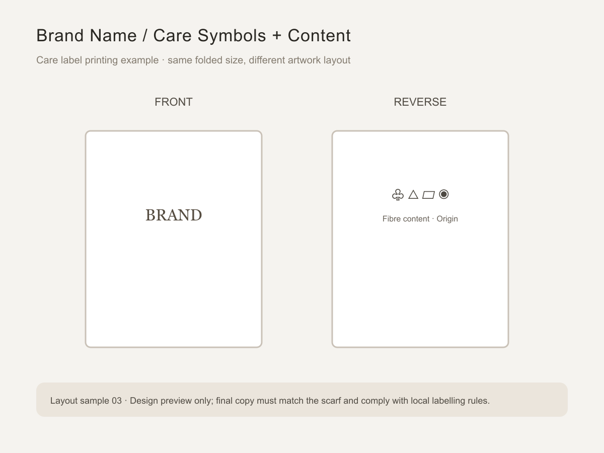 Print layout: brand front, care symbols and composition reverse.
