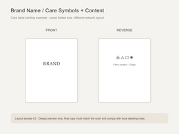 Print layout: brand front, care symbols and composition reverse.