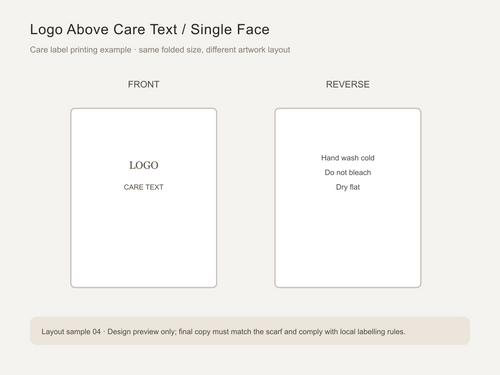 Care label print layout: logo and care text on one face