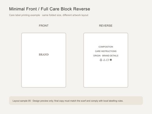 Care label print layout: minimal front and full care block reverse