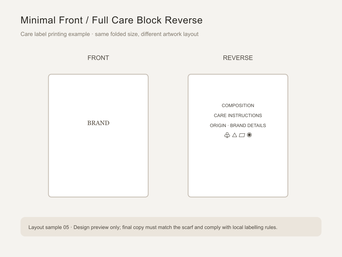 Print layout: minimal front, full care block reverse.