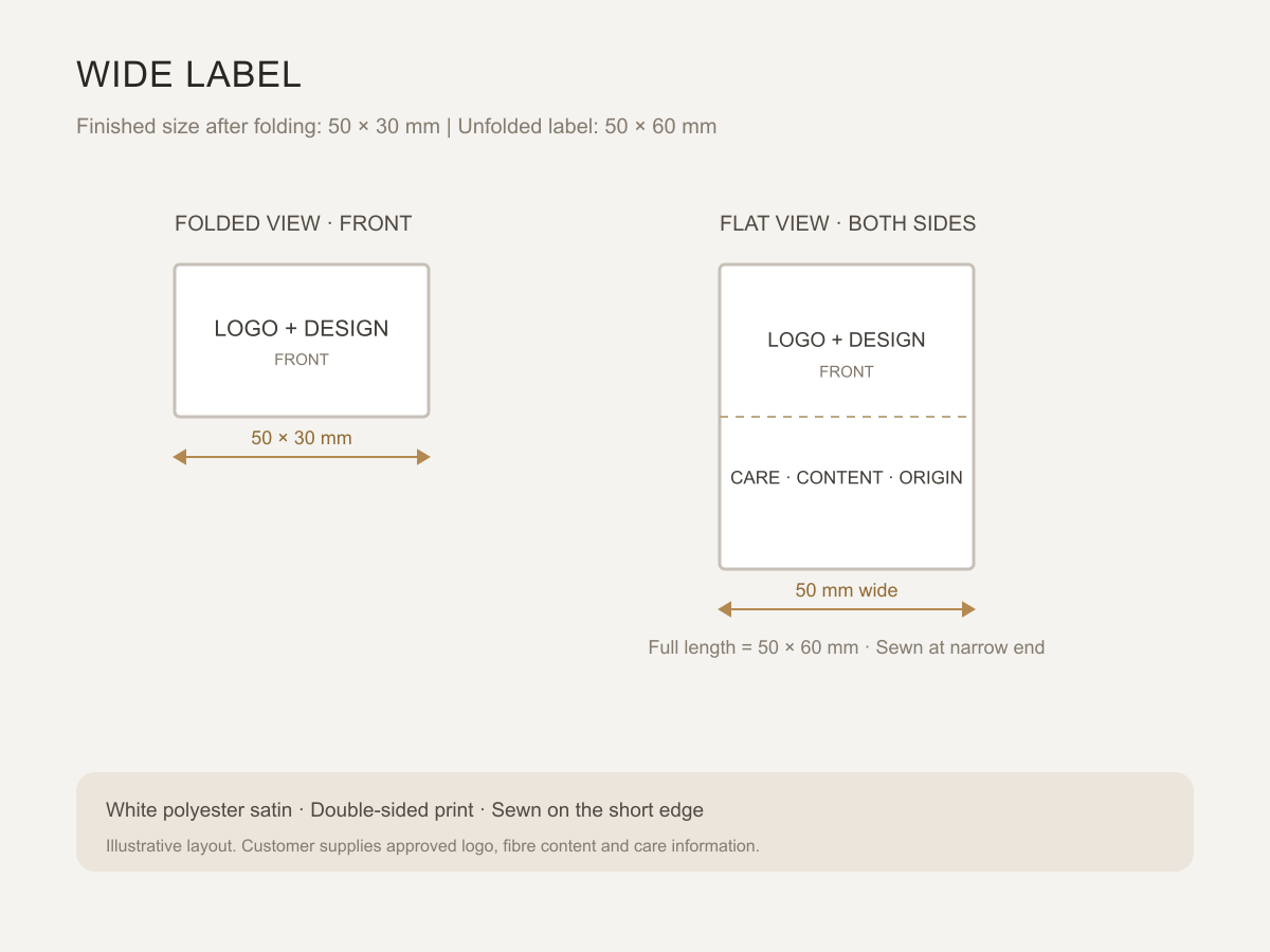 Care label size: 50 x 30 mm folded, 50 x 60 mm flat.