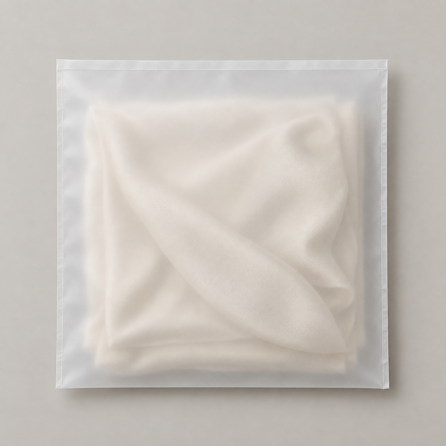 Frosted inner bag with permanent heat-sealed top.