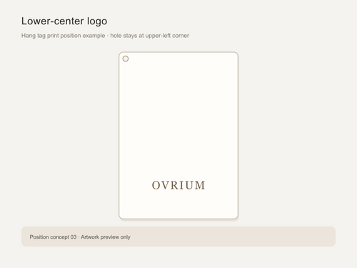 Hang tag print placement example: lower-center logo